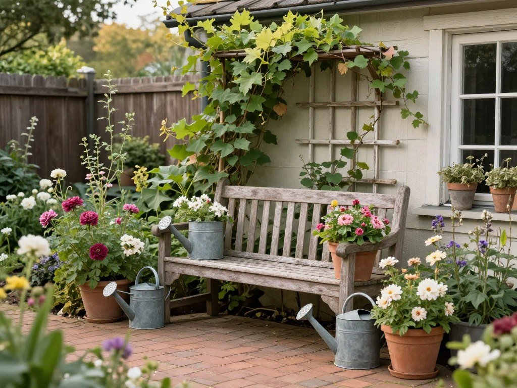 Cottage-style backyard with vintage decor elements and layered garden design