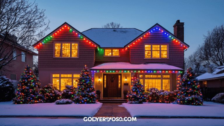 Colored Christmas Lights on Houses: Your Complete Guide to Creating a Stunning Outdoor Display A cozy two-story house adorned with vibrant multicolor LED Christmas lights, glowing warmly from frosted windows, surrounded by snow-dusted trees, captured in a cinematic twilight setting.