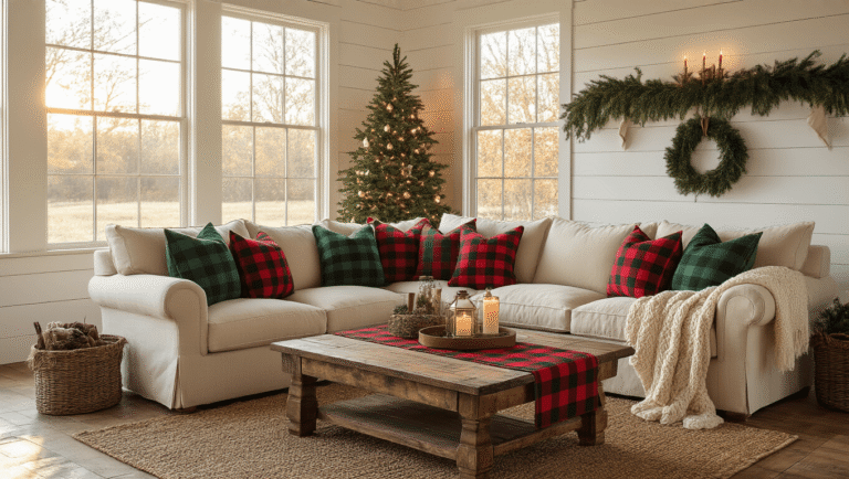 Christmas Plaid Background: Where to Find (and How to Use) the Perfect Festive Pattern Cozy farmhouse living room decorated for the holidays, featuring a cream sectional with plaid throw pillows, rustic coffee table with Christmas plaid runner, vintage lanterns, evergreen garland, and warm ambient lighting, all highlighted by golden hour sunlight.