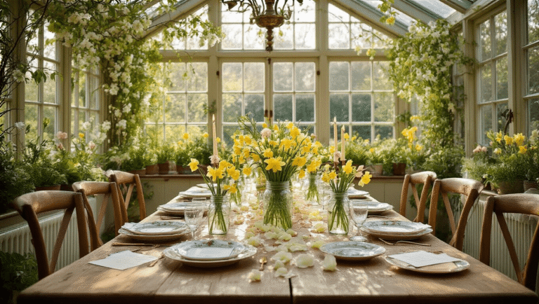 Spring Wedding Decor That'll Make Your Guests Actually Want to Stay Past Dinner A whimsical cottagecore dining room with glass walls and an oak table set for forty, adorned with mason jars of sweet peas and daffodils, mismatched china, brass candlesticks, and rose petals, illuminated by golden spring sunlight filtering through wisteria vines.