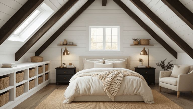 Attic Room Makeover: Turn Your Forgotten Space Into a Cozy Pinterest-Worthy Retreat Photorealistic attic bedroom featuring sloped white shiplap walls and dark exposed wooden beams, with a low platform bed adorned in cream linen bedding and chunky knit throws, alongside dark nightstands and warm brass lamps, all illuminated by soft golden hour light filtering through a dormer window, creating a cozy, hygge atmosphere with inviting textures and Pinterest-worthy styling.