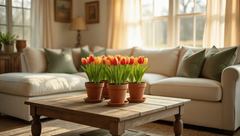 Tulips: A Quick Guide to Growing, Using, and Enjoying Them Cinematic wide shot of a cozy farmhouse living room with a rustic coffee table centerpiece of vibrant tulip bulbs in terracotta pots, warm golden hour sunlight illuminating cream sectional sofa and distressed oak hardwood floors, creating an inviting spring atmosphere.