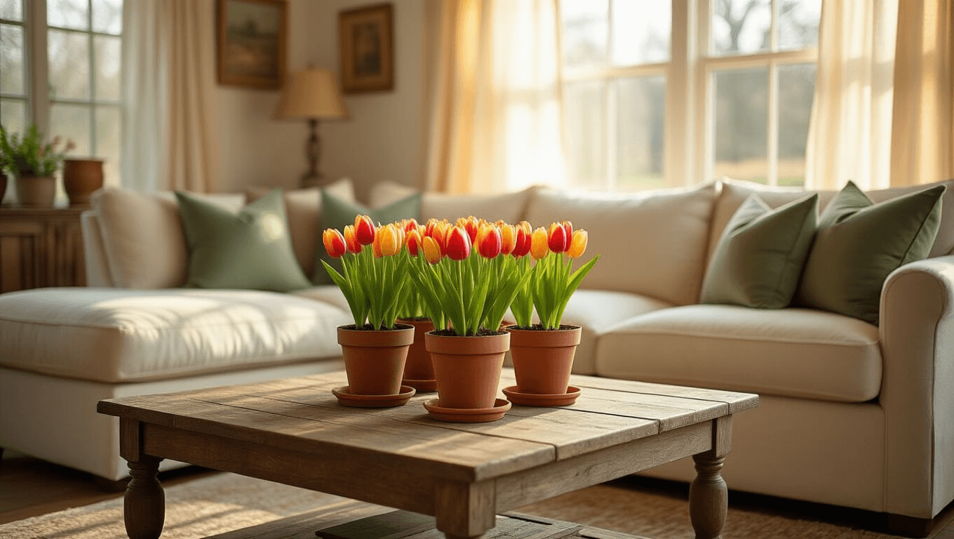 Tulips: A Quick Guide to Growing, Using, and Enjoying Them Cinematic wide shot of a cozy farmhouse living room with a rustic coffee table centerpiece of vibrant tulip bulbs in terracotta pots, warm golden hour sunlight illuminating cream sectional sofa and distressed oak hardwood floors, creating an inviting spring atmosphere.