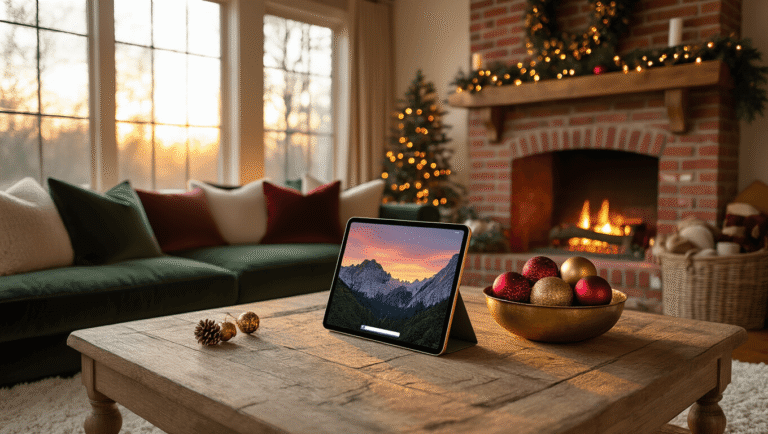 The Ultimate Guide to iPad Christmas Wallpapers That'll Make Your Screen Jolly AF Cinematic overhead view of a cozy living room at golden hour with a 12.9-inch iPad Pro on a rustic honey-oak coffee table, displaying Christmas wallpaper, surrounded by a cream wool rug, deep green velvet pillows, and a brick fireplace, all bathed in soft amber light.