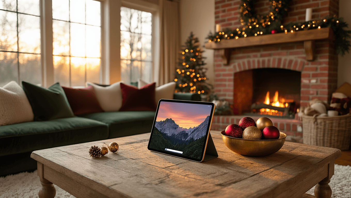 The Ultimate Guide to iPad Christmas Wallpapers That'll Make Your Screen Jolly AF Cinematic overhead view of a cozy living room at golden hour with a 12.9-inch iPad Pro on a rustic honey-oak coffee table, displaying Christmas wallpaper, surrounded by a cream wool rug, deep green velvet pillows, and a brick fireplace, all bathed in soft amber light.