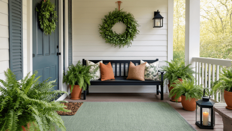Transform Your Front Porch Into a Cozy Spring and Summer Haven (Without Breaking the Bank) Cinematic golden hour image of a stylish front porch with a charcoal blue door, spring eucalyptus wreath, sage green outdoor rug, black wooden bench with botanical pillows, terracotta planters with ferns, warm taupe throw, black lanterns with candles, and a reclaimed wood side table with a ceramic watering can, showcasing rich textures and inviting warmth.