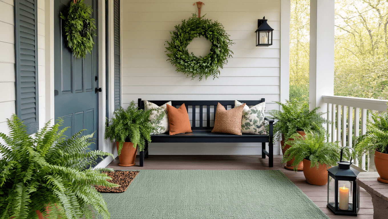 Transform Your Front Porch Into a Cozy Spring and Summer Haven (Without Breaking the Bank) Cinematic golden hour image of a stylish front porch with a charcoal blue door, spring eucalyptus wreath, sage green outdoor rug, black wooden bench with botanical pillows, terracotta planters with ferns, warm taupe throw, black lanterns with candles, and a reclaimed wood side table with a ceramic watering can, showcasing rich textures and inviting warmth.