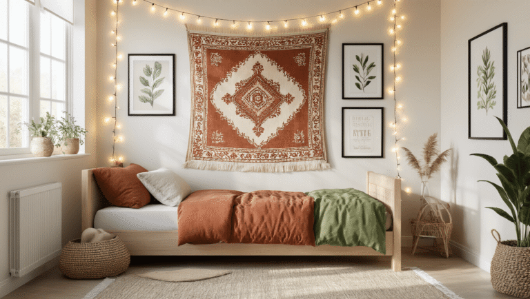 Dorm Room Wall Decor That'll Make Your Friends Jealous (No Holes, No Problem) Cinematic wide shot of a styled dorm room wall showcasing a terracotta and cream tapestry above a twin XL bed, adorned with golden fairy lights, black-framed botanical prints on sage green washi tape, and soft natural light creating gentle shadows, all set against clean white walls in a warm color palette.