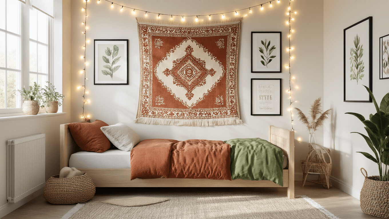 Dorm Room Wall Decor That'll Make Your Friends Jealous (No Holes, No Problem) Cinematic wide shot of a styled dorm room wall showcasing a terracotta and cream tapestry above a twin XL bed, adorned with golden fairy lights, black-framed botanical prints on sage green washi tape, and soft natural light creating gentle shadows, all set against clean white walls in a warm color palette.