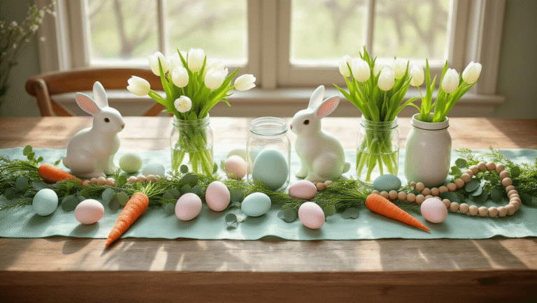 DIY Easter Decor That'll Make Your Home Instagram-Worthy (Without Breaking the Bank) Cinematic overhead shot of a rustic wooden dining table decorated for Easter, featuring mint green linen, pastel hand-painted eggs, mason jars with white tulips, felt carrot garland, bunny figurines, and eucalyptus, all bathed in golden hour sunlight.