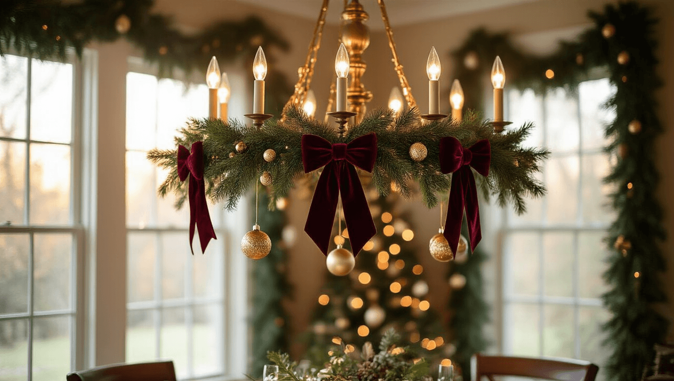 How I Transform My Dining Room Chandelier Into a Christmas Showstopper (And Why You're Probably Overthinking It) Elegant brass chandelier adorned with Christmas decorations, including faux evergreen garland, burgundy velvet bows, and shimmering ornaments, in a warm and inviting dining room lit by golden hour sunlight.