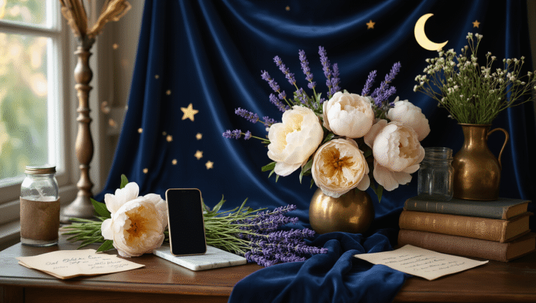 Good Night Flowers: The Most Beautiful Way to End Someone's Day A cozy evening photography setup on a walnut table featuring a navy velvet backdrop, fresh lavender sprigs, cream peonies in a vintage brass vase, and a smartphone on a marble stand, with warm lighting, star overlays, a crescent moon prop, and handwritten notes, creating an intimate nighttime atmosphere.