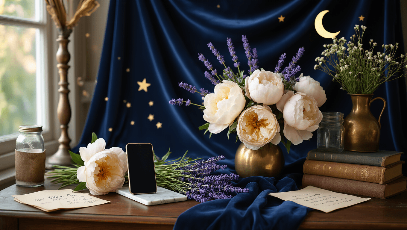 Good Night Flowers: The Most Beautiful Way to End Someone's Day A cozy evening photography setup on a walnut table featuring a navy velvet backdrop, fresh lavender sprigs, cream peonies in a vintage brass vase, and a smartphone on a marble stand, with warm lighting, star overlays, a crescent moon prop, and handwritten notes, creating an intimate nighttime atmosphere.