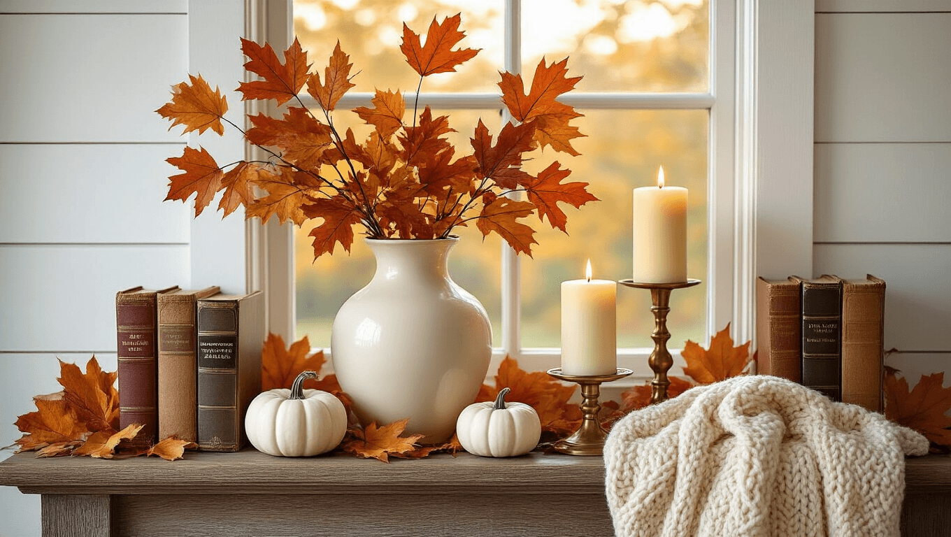 Cinematic overhead view of a fall mantel decorated with vibrant maple branches in a cream vase, golden oak leaves, ivory candles on brass holders, mini white pumpkins, and a cream knit throw, all set against a rustic wood surface and white shiplap wall, illuminated by warm golden hour light.