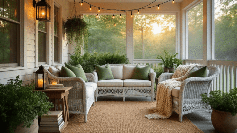 How I Transformed My Screened Porch Into a Pinterest-Worthy Paradise (And You Can Too) Cozy screened porch at golden hour with wicker loveseat, jute rug, warm string lights, and lush greenery, creating an inviting farmhouse atmosphere.
