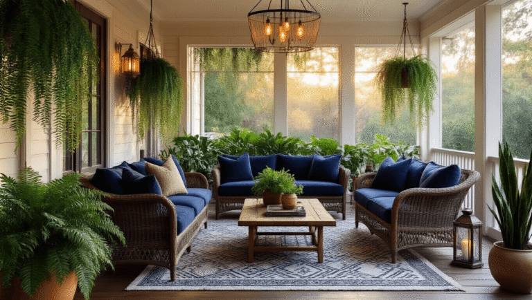 Transform Your Enclosed Porch Into the Coziest Room in Your House A wide-angle view of a luxurious enclosed porch during golden hour, featuring a navy velvet sofa, vintage wicker loveseat, and various plants, with warm ambient lighting and cozy decor elements.