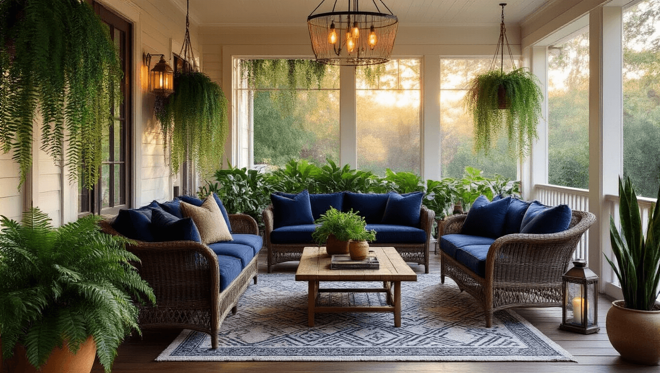 Transform Your Enclosed Porch Into the Coziest Room in Your House A wide-angle view of a luxurious enclosed porch during golden hour, featuring a navy velvet sofa, vintage wicker loveseat, and various plants, with warm ambient lighting and cozy decor elements.