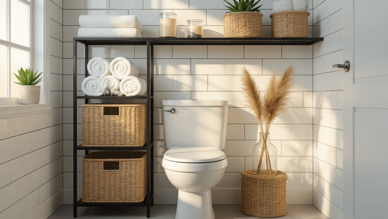 Over-the-Toilet Storage Ideas That Actually Look Amazing (Not Just Functional) Photorealistic modern bathroom featuring a black metal etagere above a white wall-mounted toilet, displaying woven baskets, rolled towels, a jade succulent, dried pampas grass, and a vanilla candle, illuminated by warm golden hour light.