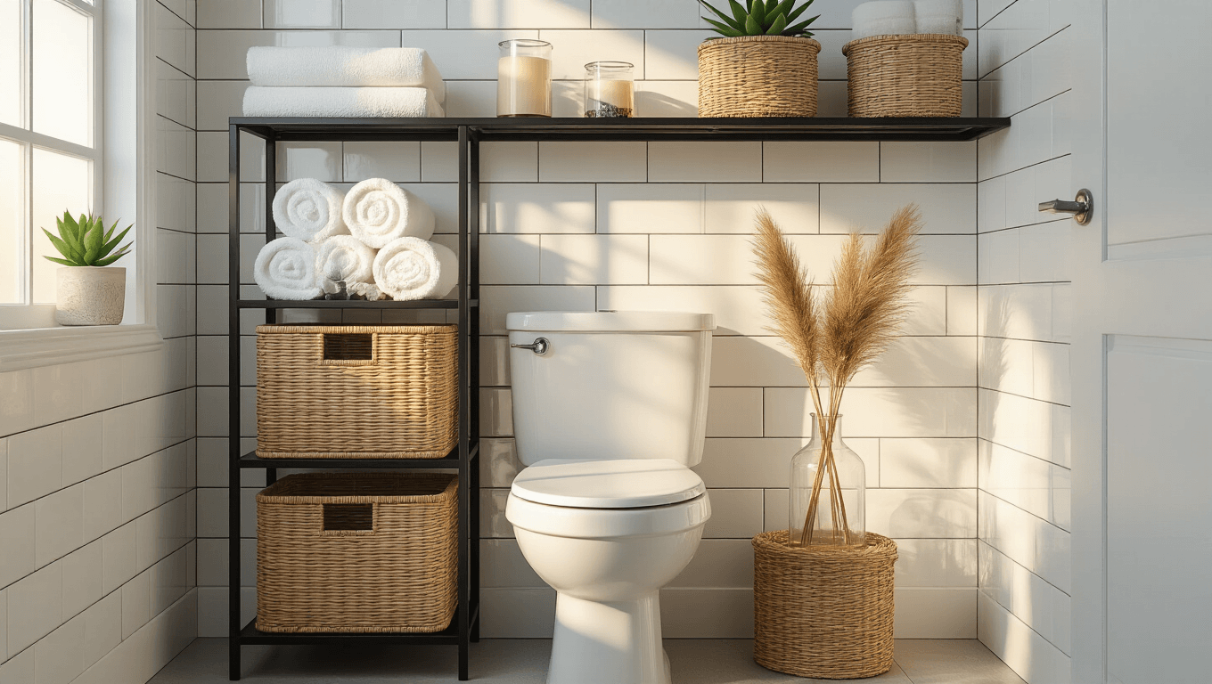 Over-the-Toilet Storage Ideas That Actually Look Amazing (Not Just Functional) Photorealistic modern bathroom featuring a black metal etagere above a white wall-mounted toilet, displaying woven baskets, rolled towels, a jade succulent, dried pampas grass, and a vanilla candle, illuminated by warm golden hour light.