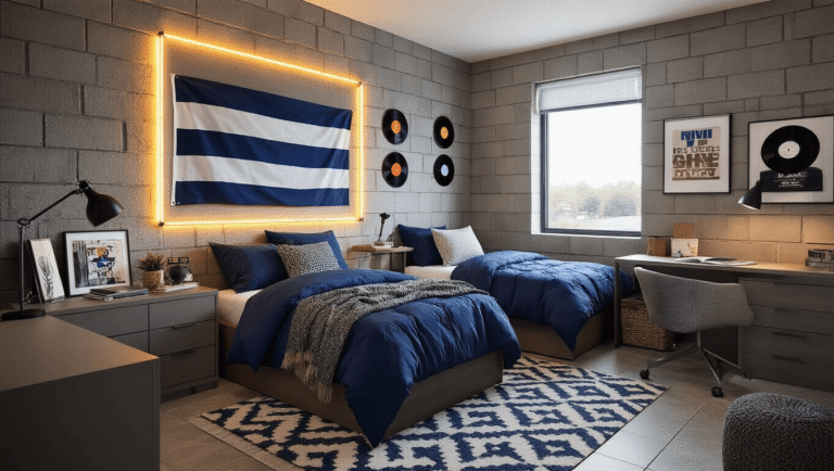 Dorm Room Ideas for Guys That Actually Look Good (Without Going Broke) Contemporary college dorm room with navy flag wall art, layered charcoal and navy bedding, warm LED strip lighting, vinyl records as gallery art, and organized desk area, featuring a masculine color palette and cozy golden hour light.