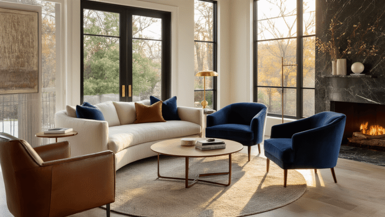 Why Your Living Room Still Feels Like a Waiting Room (And How I Fixed Mine in One Weekend) Cinematic interior shot of a modern living room with a cream linen sofa and navy velvet accent chairs arranged for conversation, featuring warm golden hour lighting through large windows, an oak coffee table on a geometric rug, and a marble fireplace, creating a cozy and sophisticated atmosphere.