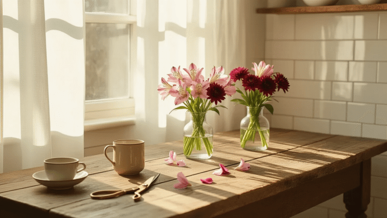 Why Fresh Flowers Make Every Morning Feel Like a Million Bucks (And How to Actually Keep Them Alive) A rustic breakfast table with pink alstroemeria and burgundy chrysanthemums in glass vases, warm morning light filtering through white curtains, brass pruning shears, and a ceramic coffee cup set amid scattered flower petals.