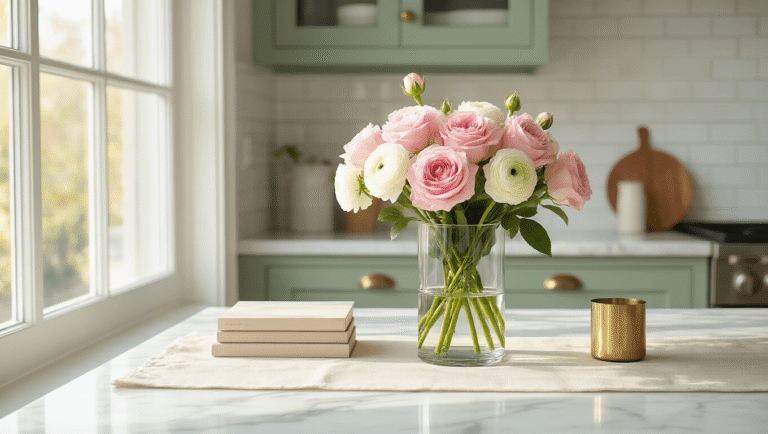 How a Beautiful Bouquet of Flowers Transformed My Entire Approach to Home Styling Photorealistic kitchen counter with pink roses and white ranunculus in a clear vase on a marble surface, cream linen runner, brass candle holder, and sage green cabinets, illuminated by soft morning light.