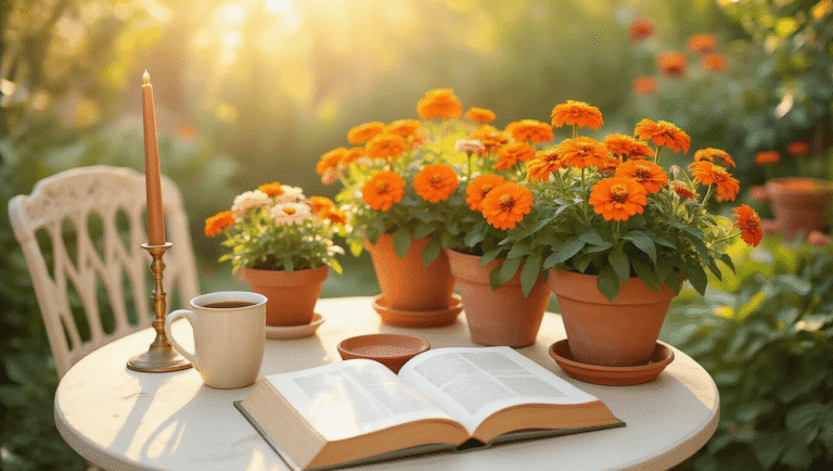 Orange Flower Garden & Patio Styling: My Complete Guide to Creating Pinterest-Worthy Outdoor Spaces Cinematic golden hour patio scene featuring vibrant orange marigolds and zinnias in terracotta pots, a cream bistro table with a coffee mug and an open book, warm color palette, and inviting outdoor styling with rustic textures and soft morning shadows.