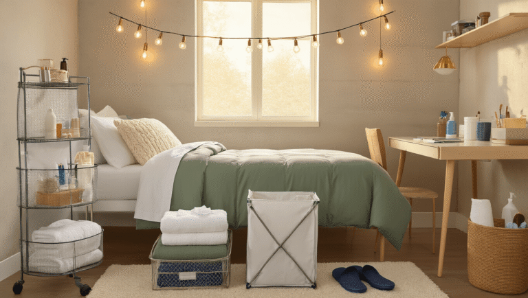 Dorm Room Essentials: Everything You Actually Need (And Nothing You Don't) Cinematic wide shot of an organized dorm room featuring a twin XL bed with white sheets and sage green duvet, a neatly arranged shower caddy, towels, and laundry hamper, illuminated by warm golden hour light, creating a cozy atmosphere with dusty rose accents.