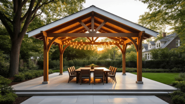 Outdoor Pavilion Designs That'll Transform Your Backyard Into Something Actually Special Elegant outdoor pavilion with white gable roof, cedar beam construction, and warm string lights, set on polished concrete in a manicured backyard during golden hour, featuring a dark walnut dining table and lush landscaping.