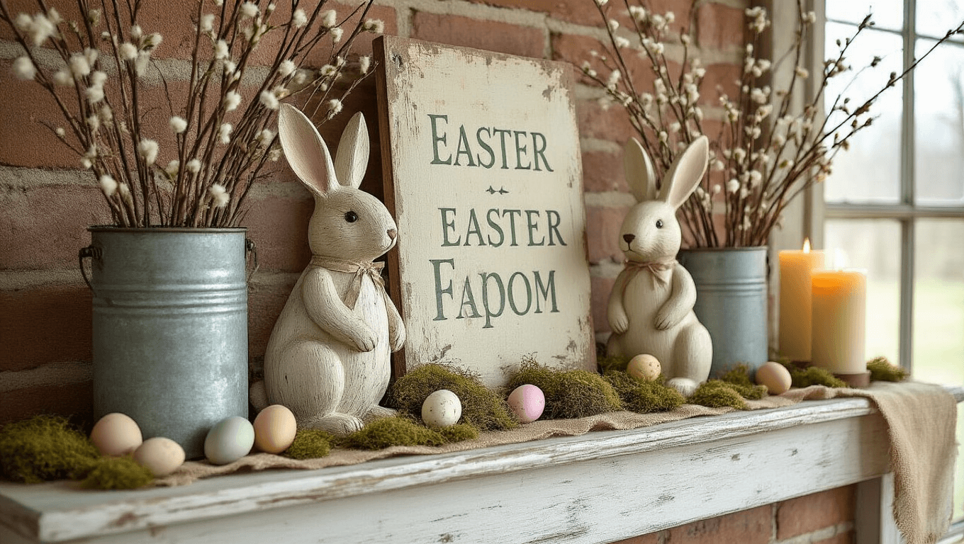 Photorealistic farmhouse mantel at golden hour, featuring weathered white wood, carved bunny figurines in sage and cream, a vintage metal bucket with pussy willow, an aged Easter sign, dripped beeswax candles, scattered fabric eggs, dried moss, a burlap runner, and an exposed brick backdrop, illuminated by warm candlelight and soft sunlight.