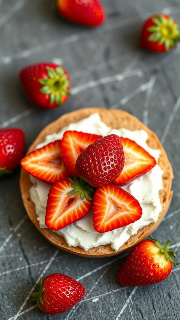 50 Gorgeous Strawberry Wallpaper Designs for Your iPhone A toasted bagel topped with cream cheese and fresh sliced strawberries, surrounded by whole strawberries on a gray background.
