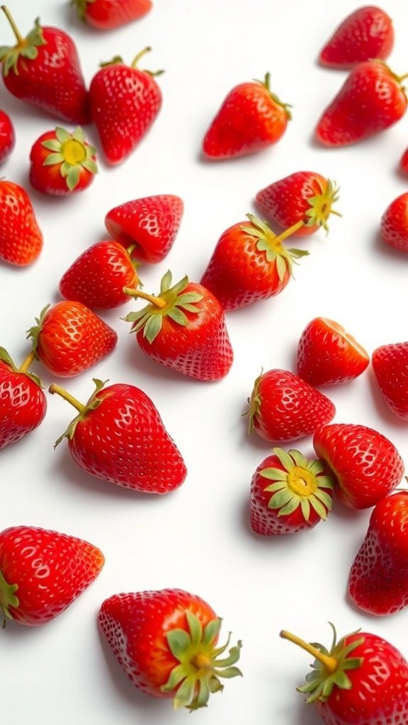 50 Gorgeous Strawberry Wallpaper Designs for Your iPhone Bright red strawberries scattered on a white background