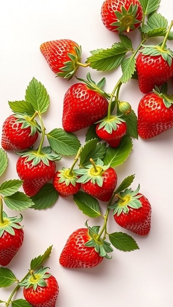 50 Gorgeous Strawberry Wallpaper Designs for Your iPhone A colorful arrangement of ripe strawberries with green leaves on a light background.