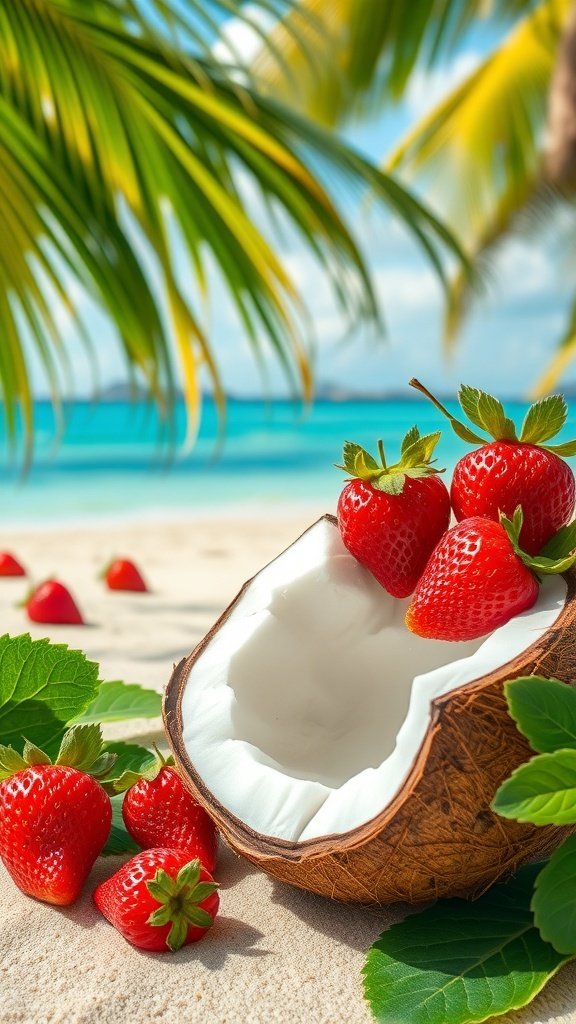 50 Gorgeous Strawberry Wallpaper Designs for Your iPhone A halved coconut and fresh strawberries on sandy beach with palm trees in the background