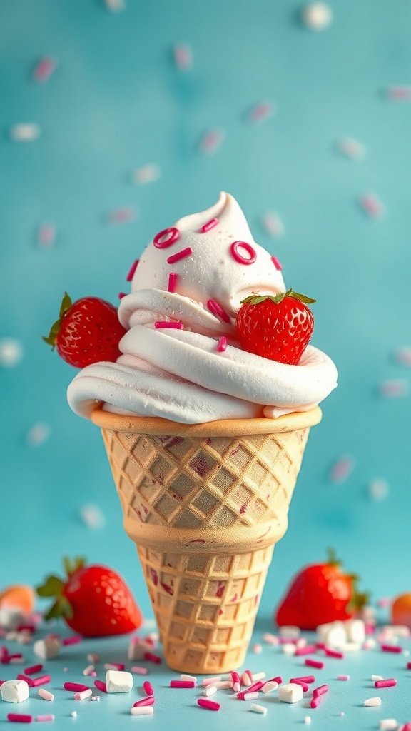 50 Gorgeous Strawberry Wallpaper Designs for Your iPhone Delicious strawberry ice cream in a cone, topped with fresh strawberries and colorful sprinkles.