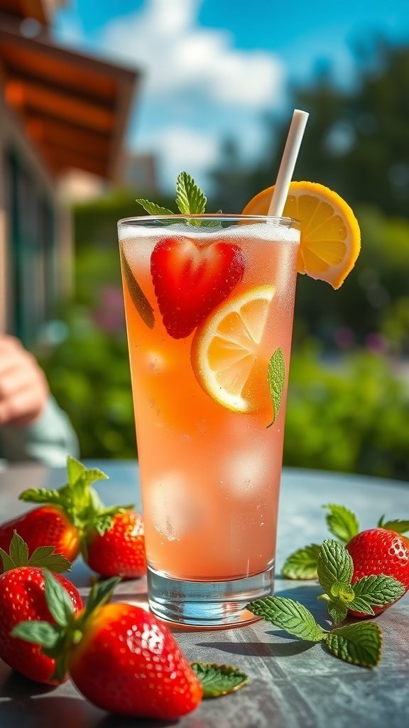 50 Gorgeous Strawberry Wallpaper Designs for Your iPhone A refreshing glass of strawberry and mint lemonade with fresh strawberries and mint leaves surrounding it.
