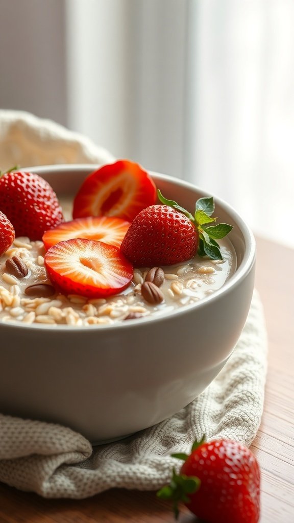 50 Gorgeous Strawberry Wallpaper Designs for Your iPhone A bowl of oatmeal topped with fresh strawberries and nuts