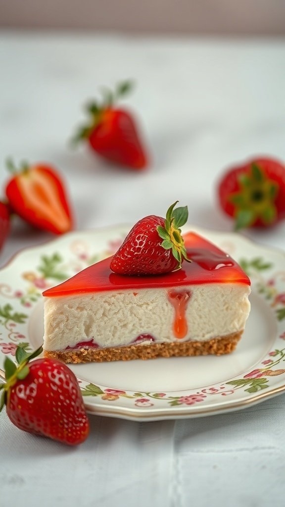 50 Gorgeous Strawberry Wallpaper Designs for Your iPhone A slice of cheesecake topped with strawberries on a floral plate