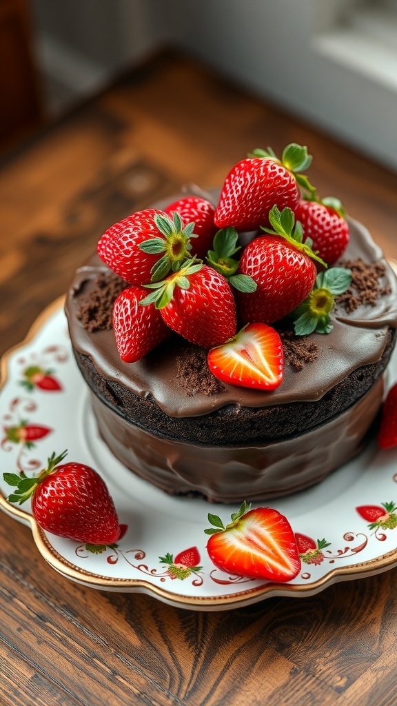 50 Gorgeous Strawberry Wallpaper Designs for Your iPhone A beautifully decorated chocolate cake topped with fresh strawberries sitting on a decorative plate.