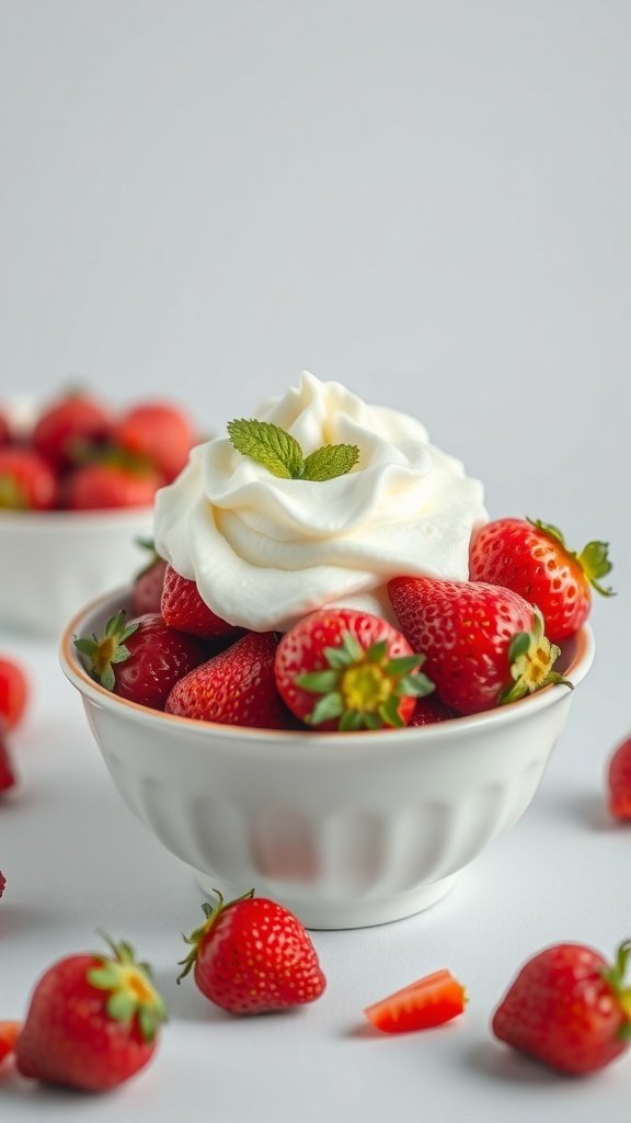 50 Gorgeous Strawberry Wallpaper Designs for Your iPhone A white bowl filled with fresh strawberries topped with creamy whipped topping and a mint leaf.