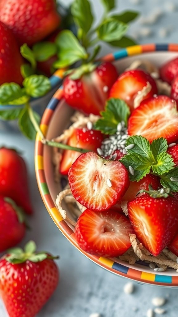 50 Gorgeous Strawberry Wallpaper Designs for Your iPhone A colorful bowl of strawberry and poppy seed salad, surrounded by fresh strawberries.