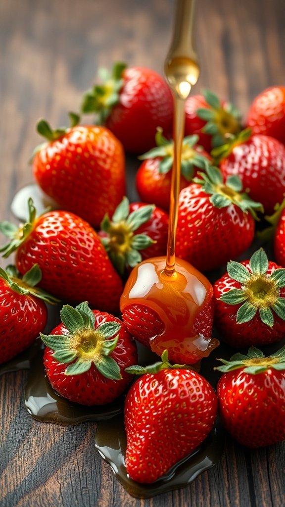 50 Gorgeous Strawberry Wallpaper Designs for Your iPhone Fresh strawberries with honey drizzle on a wooden surface