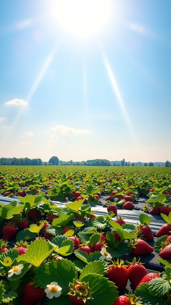 50 Gorgeous Strawberry Wallpaper Designs for Your iPhone A bright strawberry field under a sunny sky, filled with ripe strawberries and green foliage.