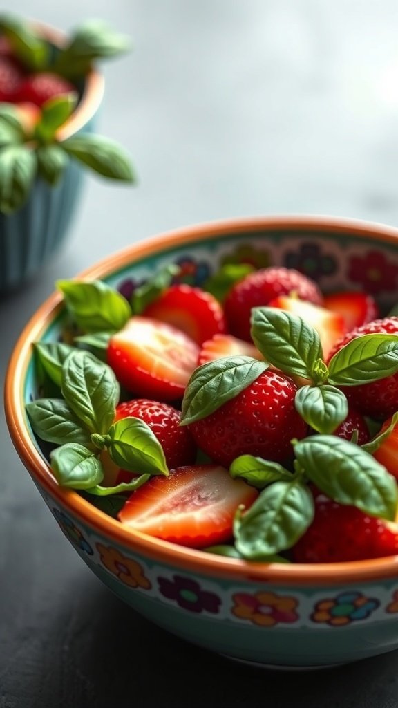 50 Gorgeous Strawberry Wallpaper Designs for Your iPhone A vibrant bowl of fresh strawberries and basil leaves