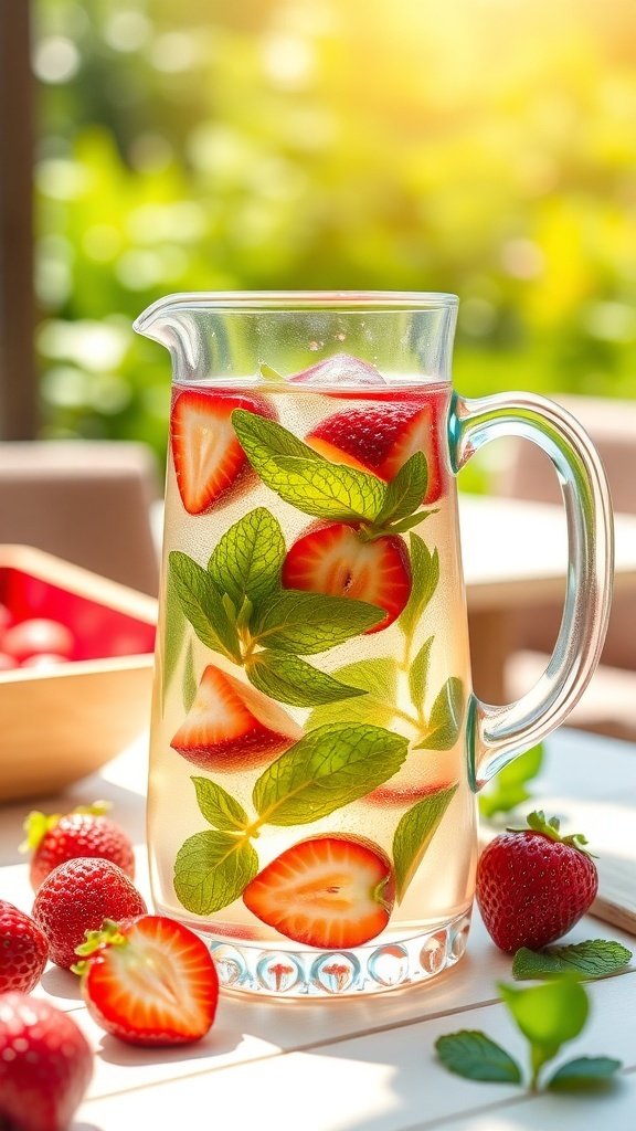 50 Gorgeous Strawberry Wallpaper Designs for Your iPhone A pitcher of strawberry and mint infused water with fresh strawberries on the side