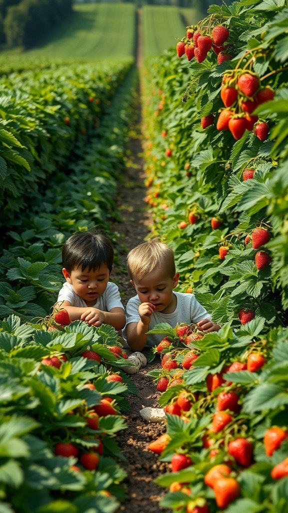 50 Gorgeous Strawberry Wallpaper Designs for Your iPhone Two children picking strawberries in a lush field