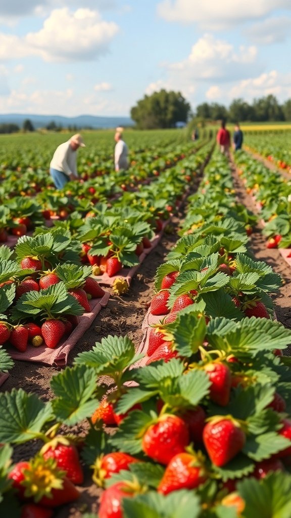 50 Gorgeous Strawberry Wallpaper Designs for Your iPhone Strawberry field with people picking strawberries on a sunny day