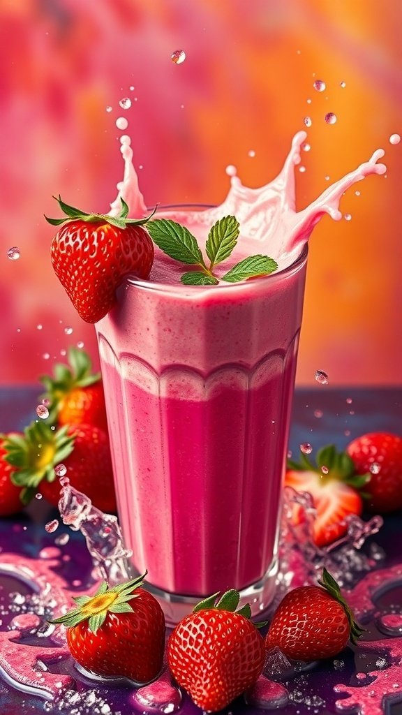 50 Gorgeous Strawberry Wallpaper Designs for Your iPhone A glass of pink strawberry smoothie with splashes and strawberries around it.