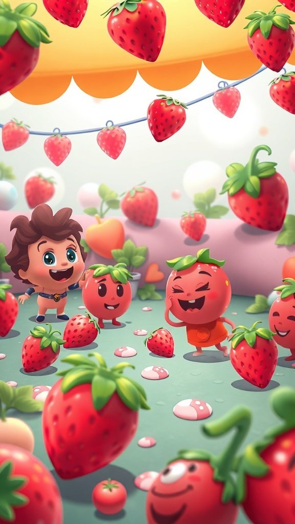 50 Gorgeous Strawberry Wallpaper Designs for Your iPhone Playful strawberry characters in a colorful setting
